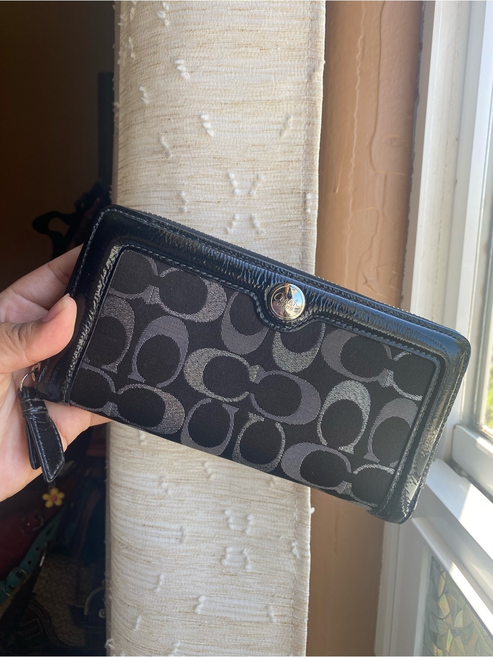 Coach Black Patent Leather and Metalic Canvas Signature Zip-Around Wallet